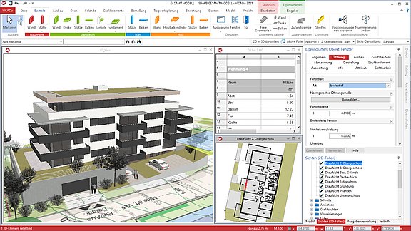 Programmoberfläche von ViCADo.arc. In verschiedenen Fenstern werden der Grundriss eines Gebäudemodells, eine Ansicht von der Seite und eine Auswertung der Nutzungsfläche gezeigt.