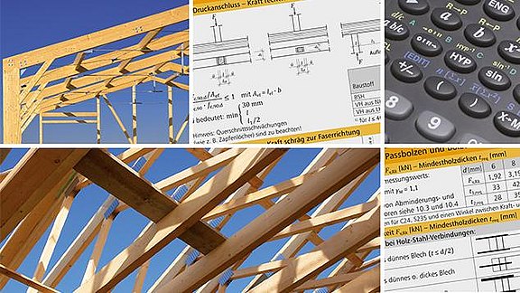 Titel der Produktbroschüre EuroSta.holz - Eingabehilfe und Berechnungsoptionen. Zu sehen ist eine Collage aus Stabtragwerken aus Holz und Berechnungen.
