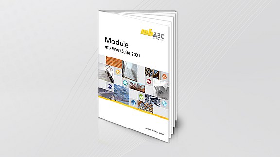 Die Broschüre Module - mb WorkSuite 2021 von oben fotografiert auf einem hellgrauen Hintergrund. 