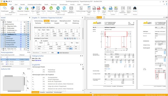 Die Programmoberfläche der BauStatik ist übersichtlich in verschiedene Bereiche zur Navigation, Eingabe, Ausgabe und Hilfen eingeteilt.