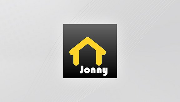 Das Jonny-Logo besteht aus einem dunkelgrauen Quadrat mit einem gelben Haus und dem weißen Schriftzug 
