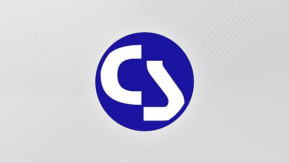 CoStruc-Logo - ein dunkelblauer Kreis mit den weißen Buchstaben C und S. Hier ist es auf einem rechteckigen grauem Hintergrund abgebildet. 