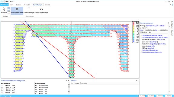 Screenshot der Programmoberfläche des ProfilMakers. Darstellung eine T-Träger-Querschnitts mit Querschnittswerten, Schnittgrößen und Isolinien.