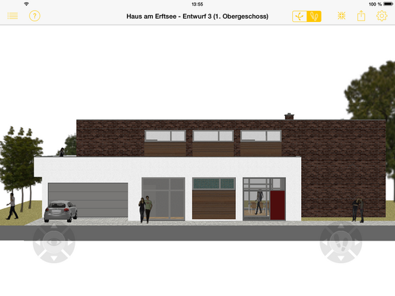 Screenshot der Jonny-App mit einer Außenansicht eines mit ViCADo geplanten Gebäudemodells.