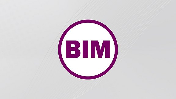 BIMwork Logo - weißer Kreis mit lila Kontur und den lila Buchstaben BIM. Hier ist es auf einem rechteckigen grauem Hintergrund abgebildet.  