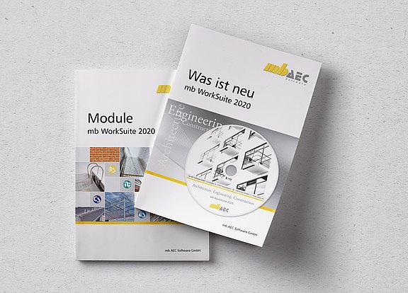 Die beiden Broschüren Was ist neu und Module zur mb WorkSuite 2020 von oben fotografiert auf einem hellgrauen Hintergrund.