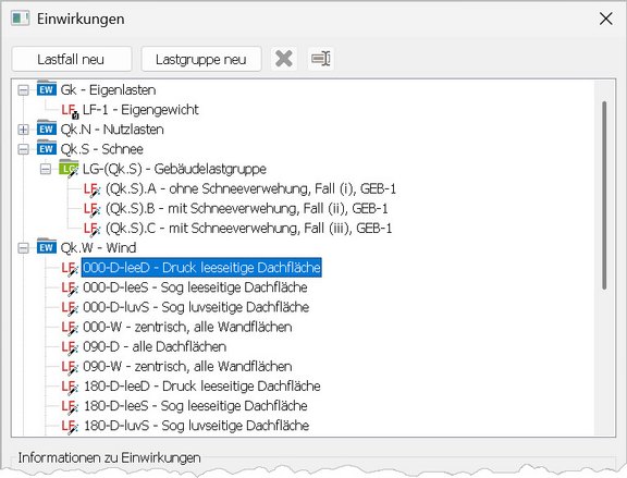 EuroSta | Einwirkungen, Lastfallgruppen und Lastfälle Programmoberfläche von EuroSta.stahl. Zu sehen ist der Dialog "Einwirkungen".