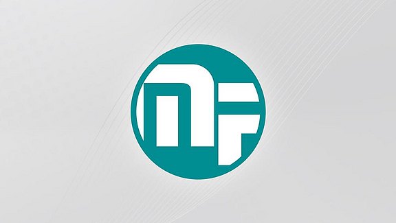 MicroFe-Logo - ein türkisfarbener Kreis mit den weißen Buchstaben M und F. Hier ist es auf einem rechteckigen grauem Hintergrund abgebildet.  