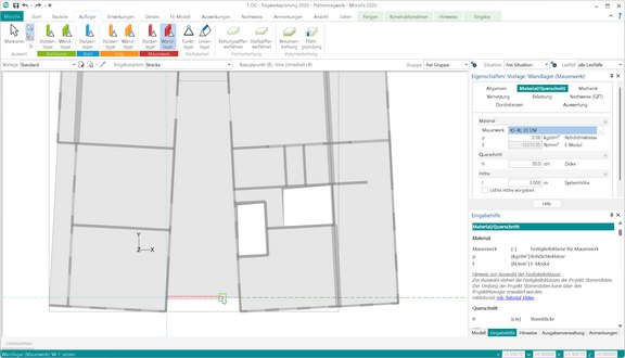 MicroFe | Arbeiten mit Vorlagen Programmoberfläche von MicroFe. Zu sehen ist ein Plattentragwerk mit selektiertem Wandlager und der im Vorlage-Fenster gewählten Vorlage "Wandlager (Mw)".