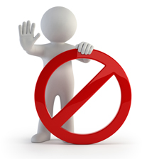 Donts 200px Ein Männchen hält ein Stop-Symbol in der Hand und fordert mit der erhobenen rechten Hand anzuhalten.
