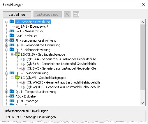 Programmoberfläche von EuroSta.stahl. Zu sehen ist der Dialog "Einwirkungen".